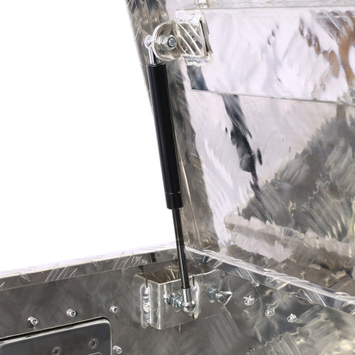 Close-up of 39 inch aluminum truck tool box gas strut and hinge mechanism for secure lid support
