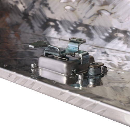 Locking mechanism detail of 39 inch aluminum truck tool box by Shopi Vella with metal latch and keyed lock