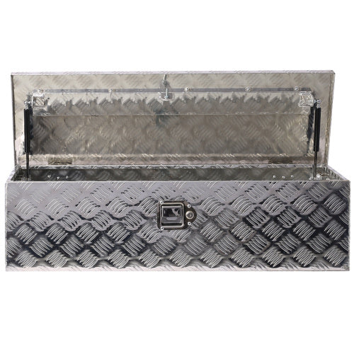 Shopi Vella 39 inch aluminum truck tool box with diamond plate pattern and secure latch open lid
