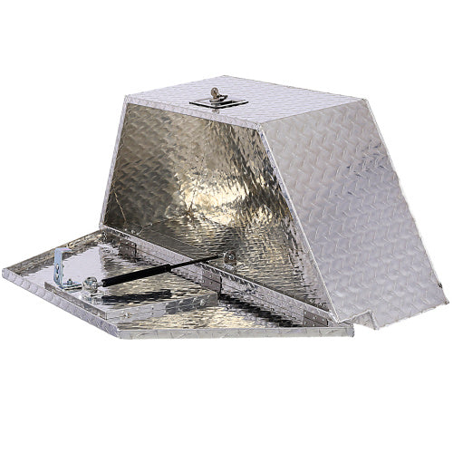 Shopi Vella 39 inch aluminum truck tool box with diamond plate texture and open lid