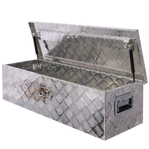 Shopi Vella 39 inch aluminum truck tool box with diamond plate pattern and open lid storage