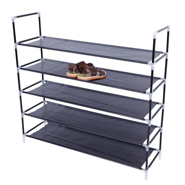 Shopi Vella black 5 tier shoe rack with metal frame and fabric shelves holding sandals