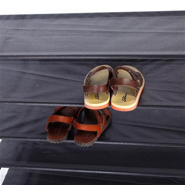 Shopi Vella 5 tier shoe rack in black fabric holding brown and tan sandals for clothing storage