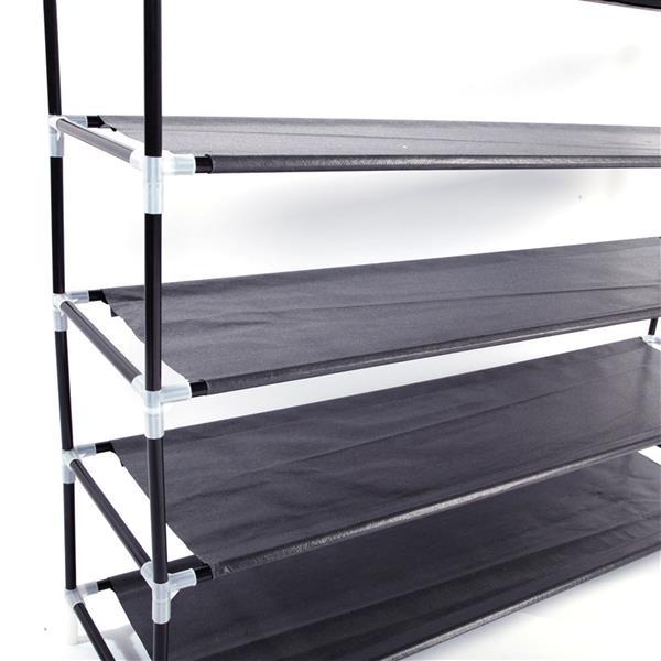 Shopi Vella black 5 tier shoe rack with metal frame and fabric shelves for efficient shoe storage