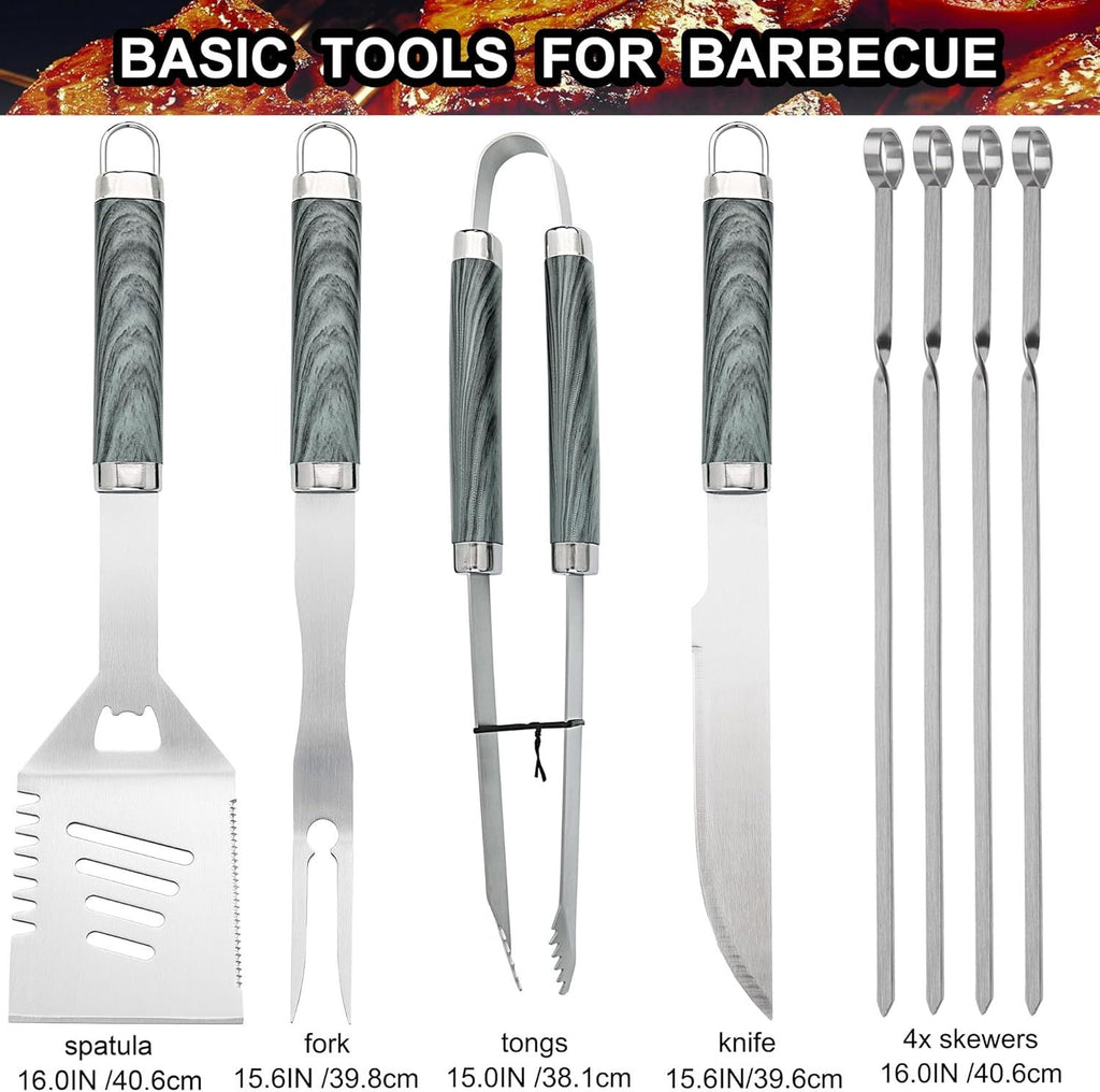 BBQ grill tool set with thermometer featuring spatula fork tongs knife and four skewers with gray handles