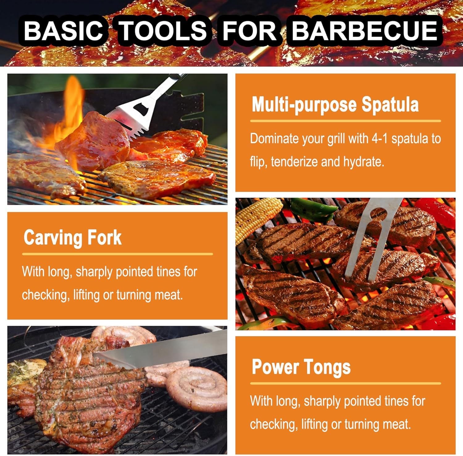 BBQ grill tool set with thermometer featuring multi-purpose spatula carving fork and power tongs for barbecue grilling