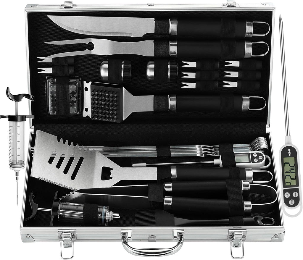 BBQ grill tool set with thermometer in a stainless steel carrying case for outdoor cooking