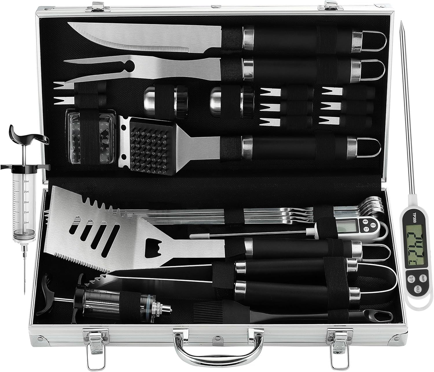 BBQ grill tool set with thermometer in a stainless steel carrying case for outdoor cooking