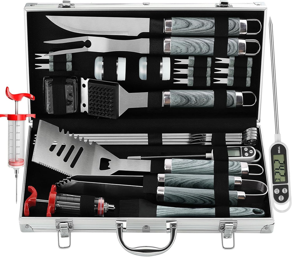 BBQ grill tool set with thermometer including spatula, fork, tongs, basting brush, skewers, and injector in carrying case