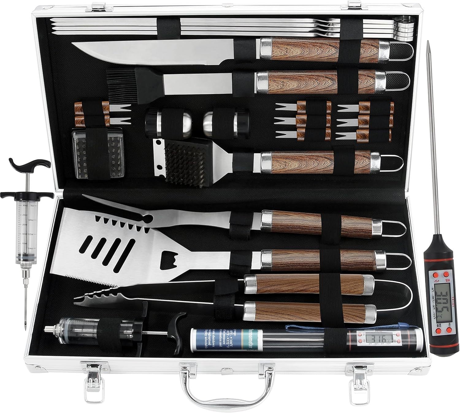 BBQ grill tool set with thermometer in a silver case including spatula, tongs, forks, brush, skewers, and injector