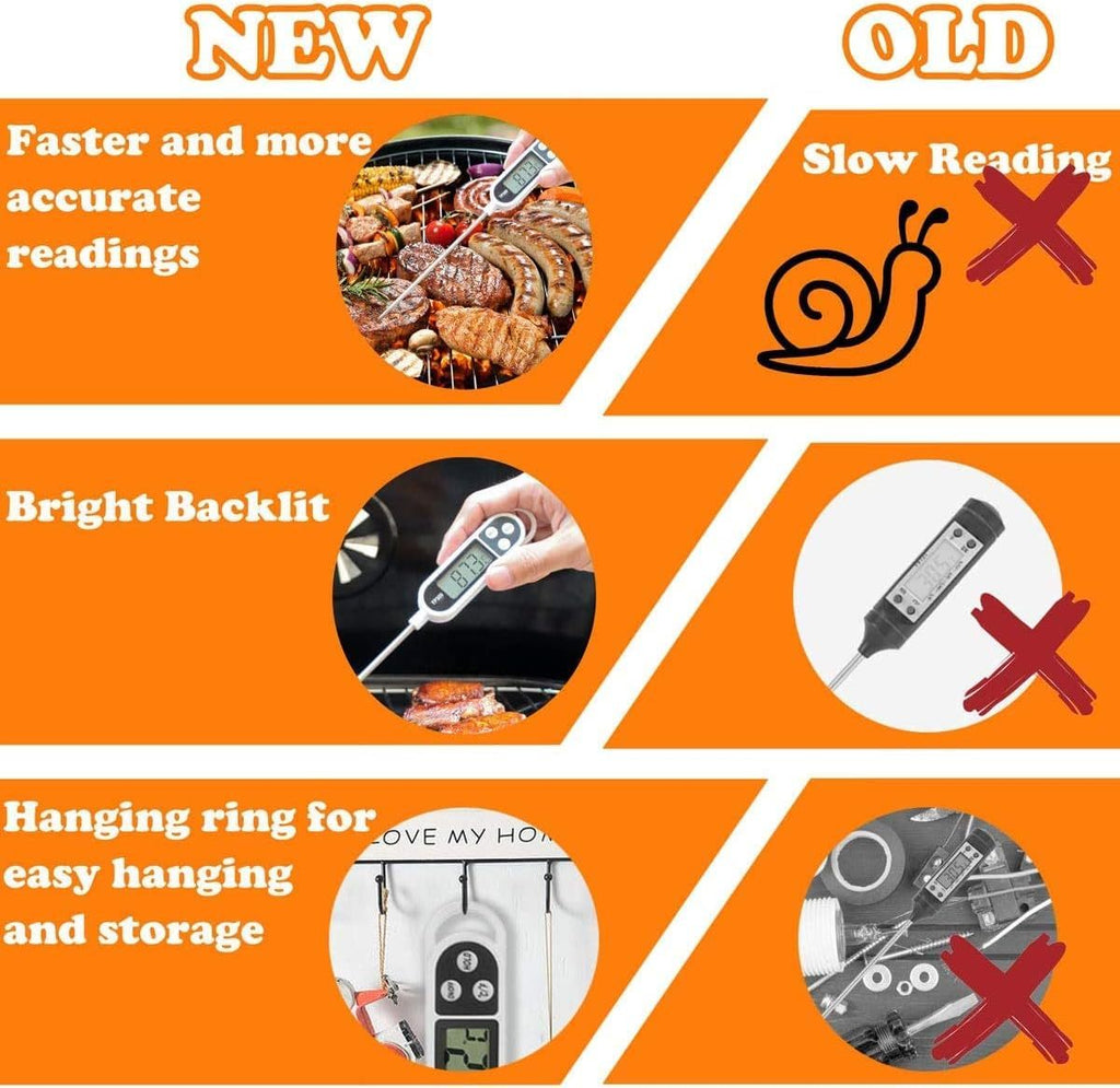 Comparison infographic showing new BBQ grill tool set with thermometer features faster readings bright backlit display and hanging ring