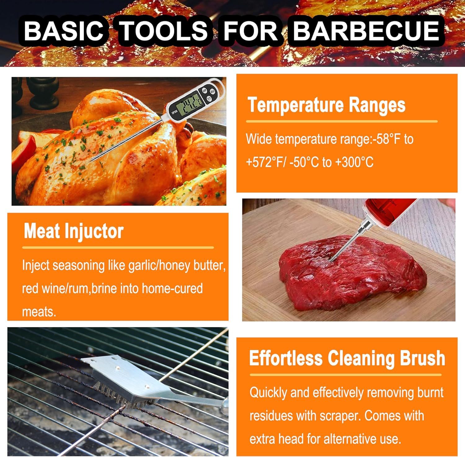 BBQ grill tool set with thermometer shows meat injector, cleaning brush, and temperature ranges for cooking