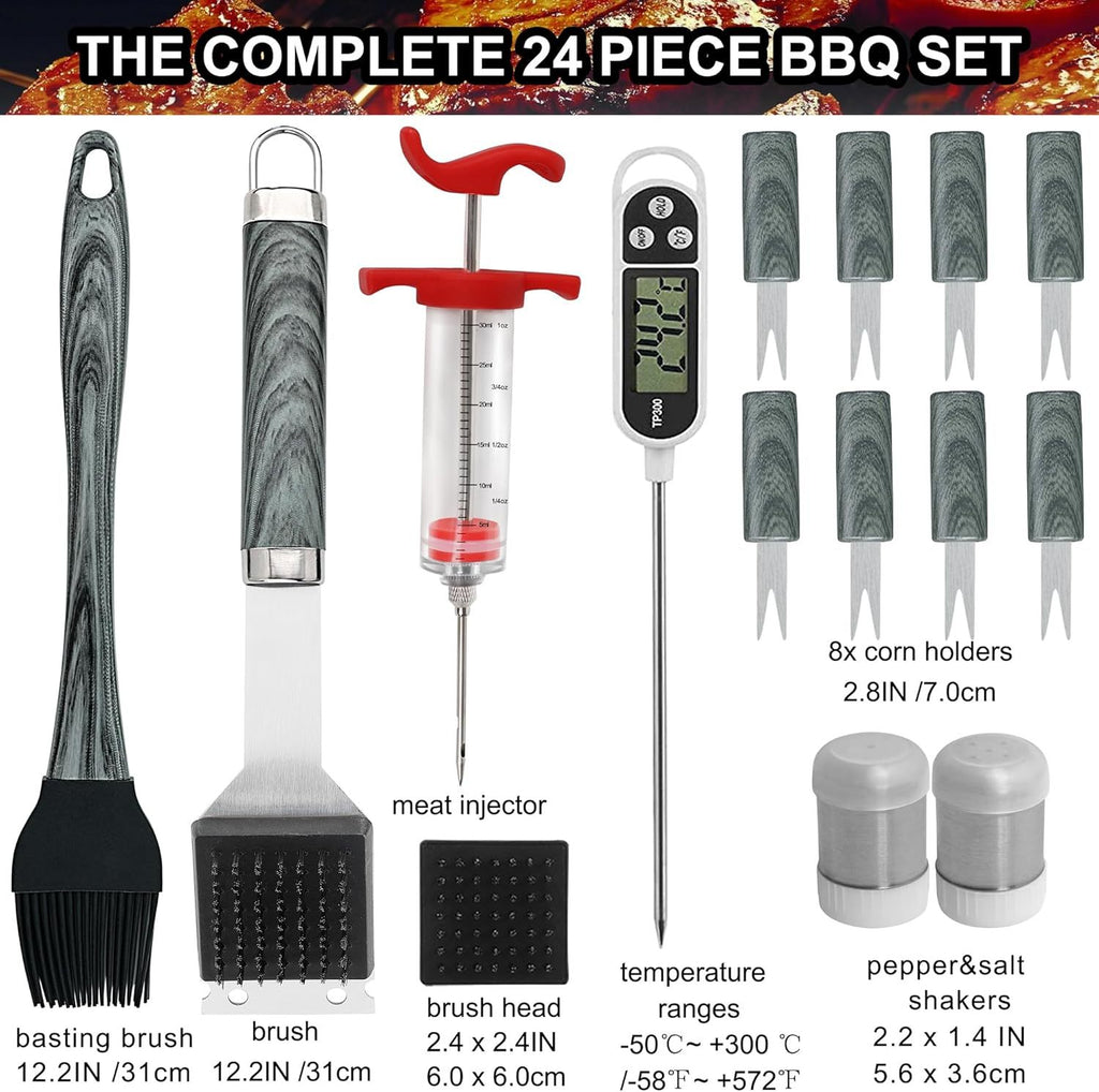 BBQ grill tool set with thermometer including basting brush, grill brush, meat injector, digital thermometer, corn holders, and salt and pepper shakers