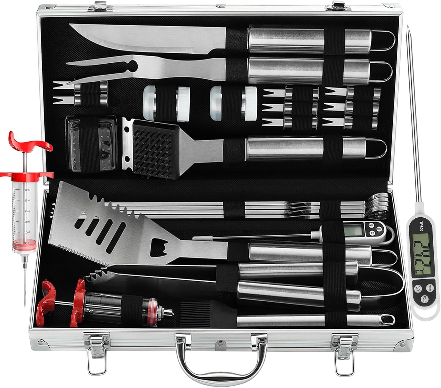 BBQ grill tool set with thermometer stainless steel utensils in carrying case for outdoor cooking