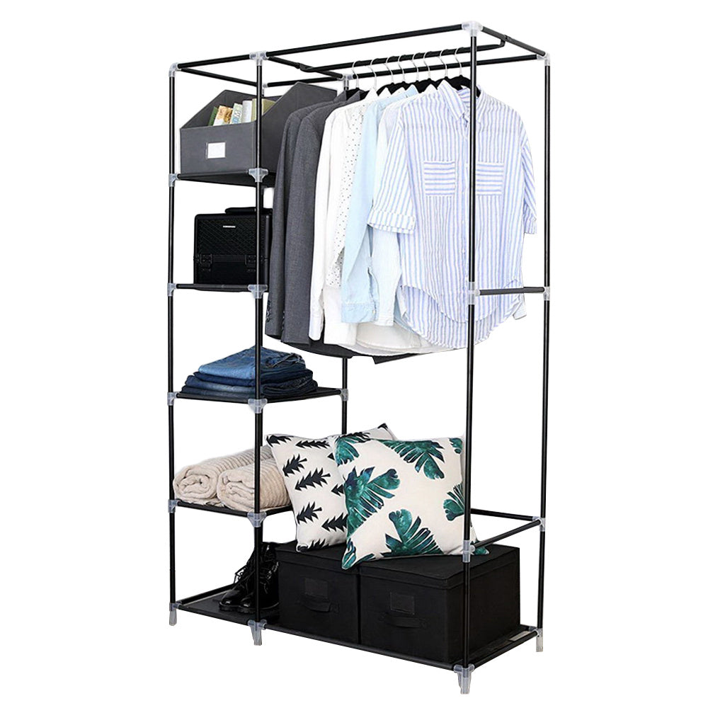 Shopi Vella multi shelf closet storage solution with hanging rod and open shelves for clothes and accessories