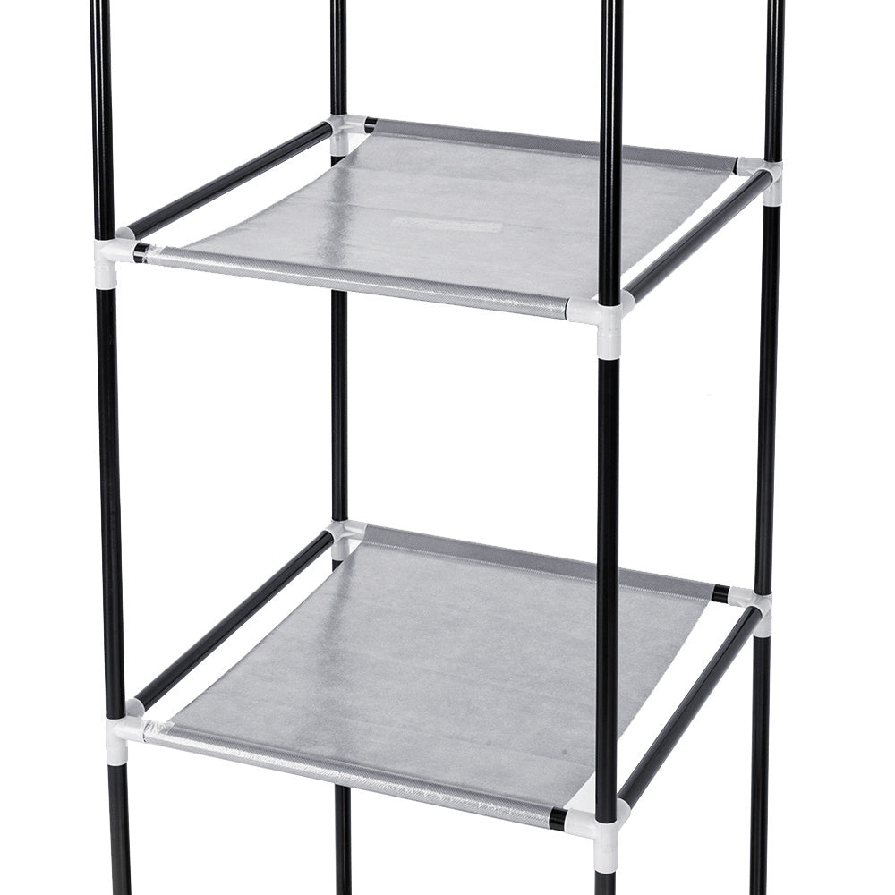 Shopi Vella black and gray multi shelf closet storage solution with metal frame and fabric shelves