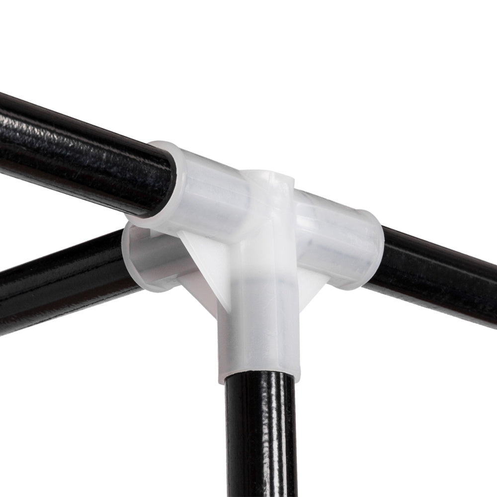 Close-up of white plastic connector joint for multi shelf closet storage solution with black metal rods