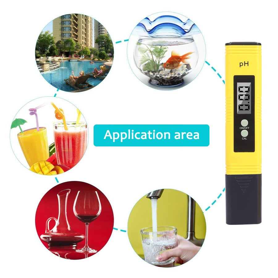 Shopi Vella digital pH meter for aquarium with application areas including fish tanks, pools, drinks, and water testing