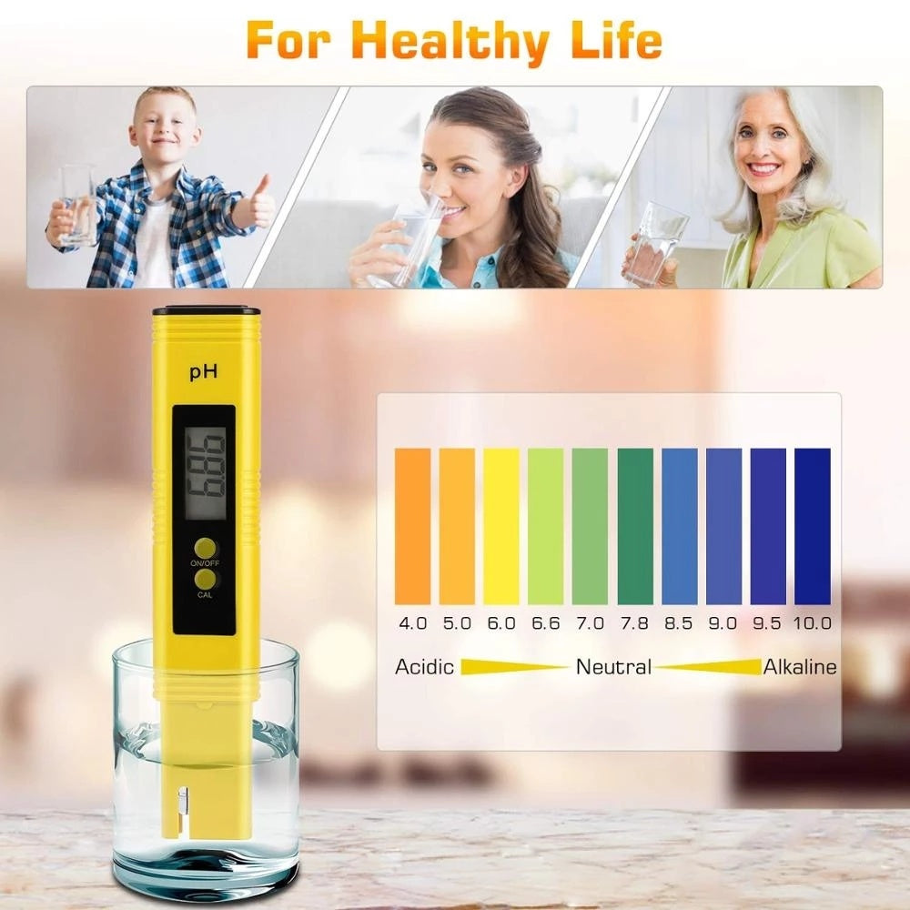 Yellow digital pH meter for aquarium testing water pH levels with color chart and glass of water