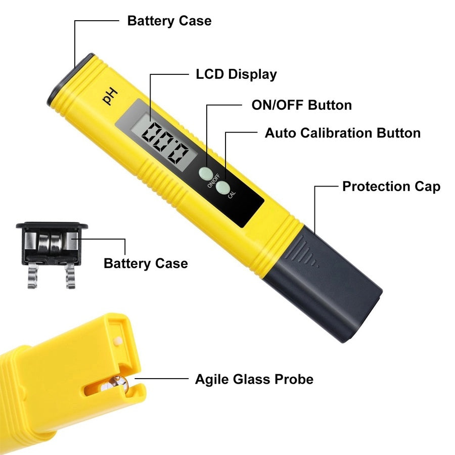 Digital pH meter for aquarium with LCD display, ON OFF button, auto calibration, and agile glass probe