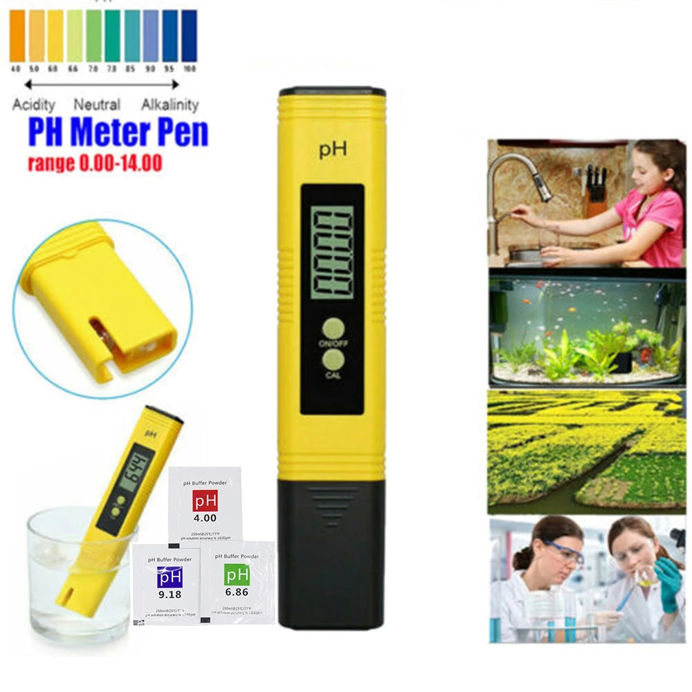 Shopi Vella digital pH meter for aquarium with yellow pen design and clear LCD display