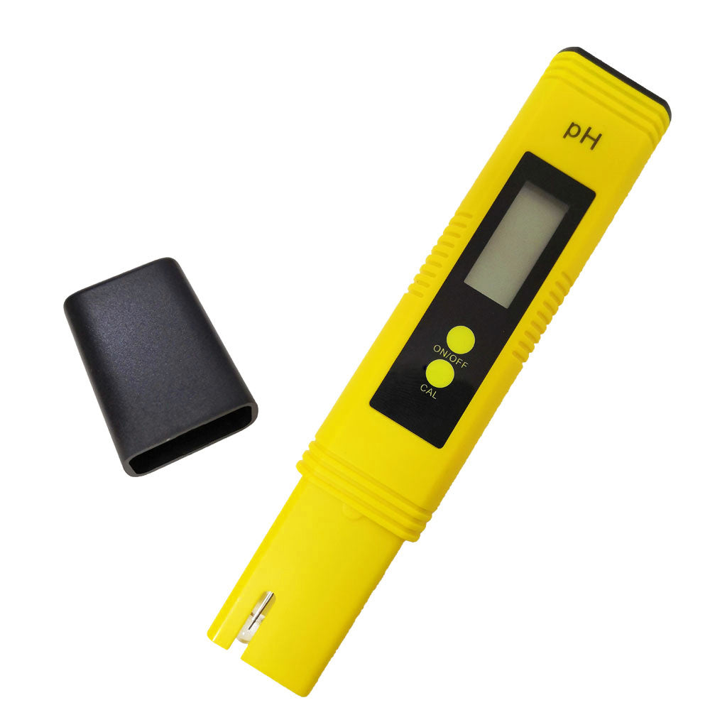 Yellow digital pH meter for aquarium with black protective cap and LCD display