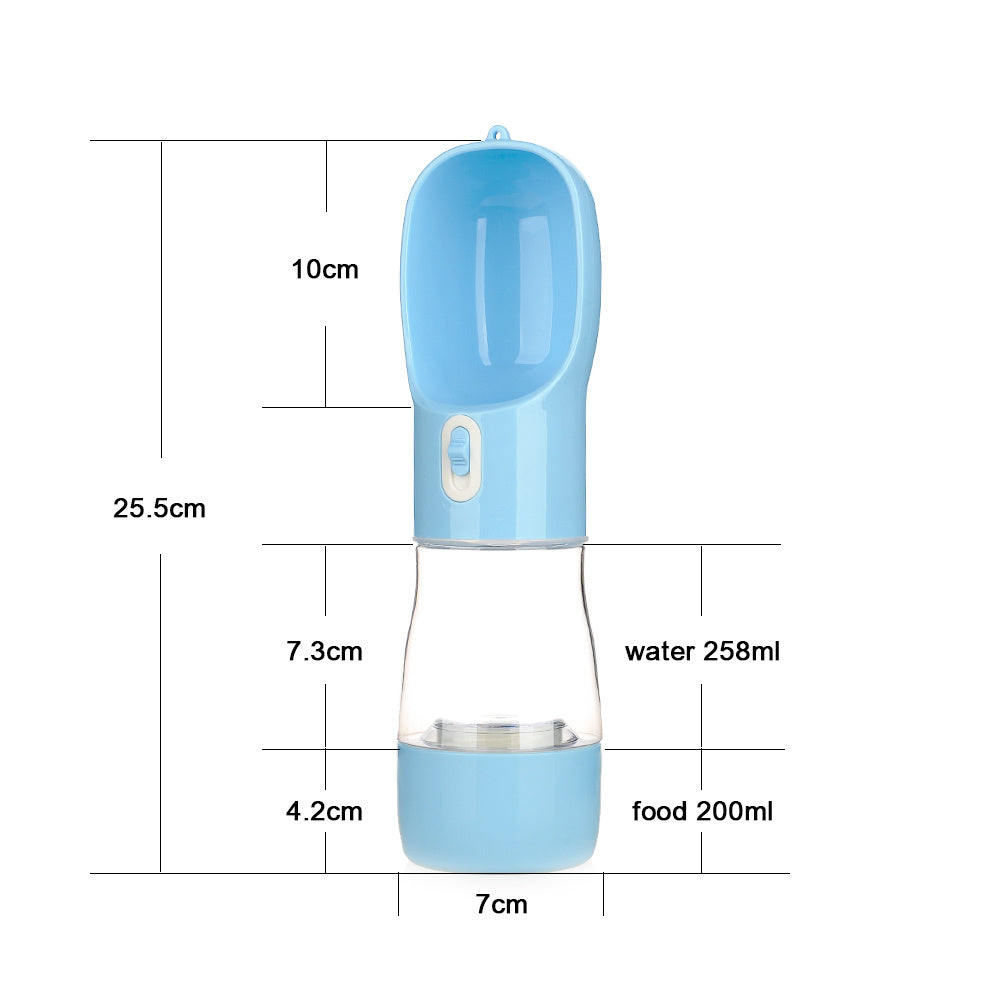 Shopi Vella dog walking water bottle in blue with 258ml water and 200ml food storage capacity