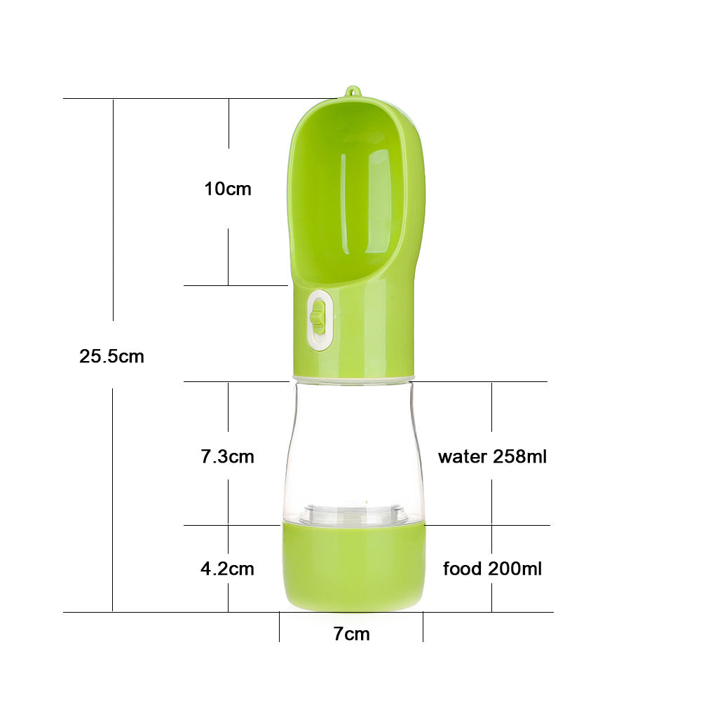 Shopi Vella green dog walking water bottle with food and water compartments and size measurements