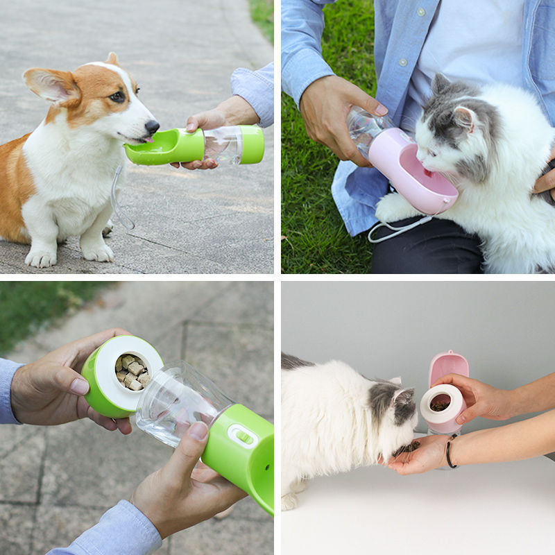 Shopi Vella dog walking water bottle in green and pink with attached bowl for easy pet hydration