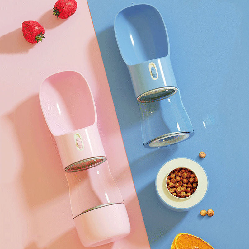 Shopi Vella dog walking water bottle in pink and blue with attached bowl for pet hydration on the go