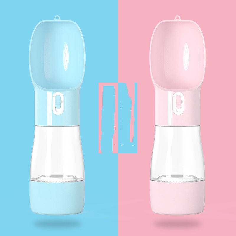 Shopi Vella dog walking water bottle in blue and pink with built-in water bowl for pets
