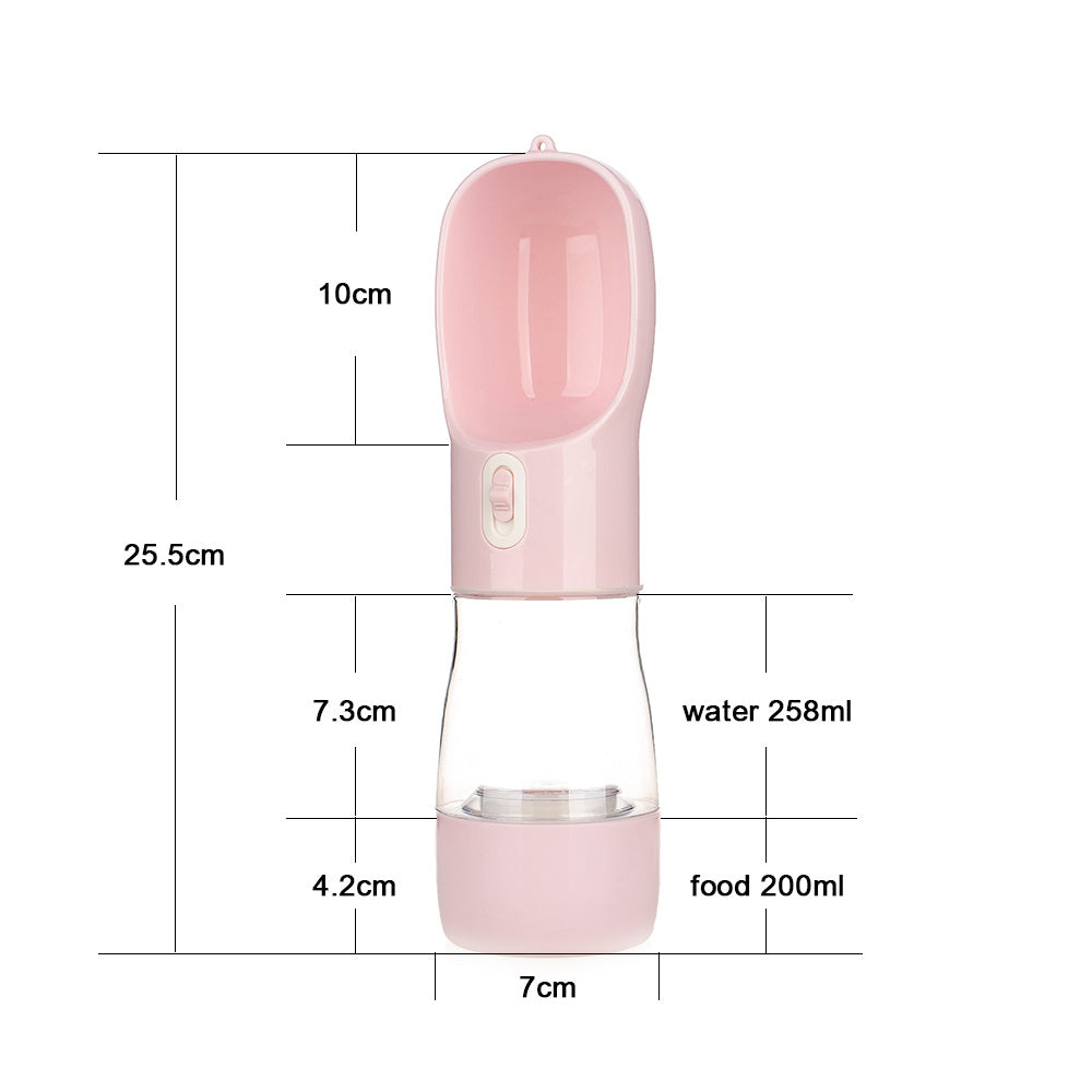 Shopi Vella pink dog walking water bottle with food and water compartments and measurement details