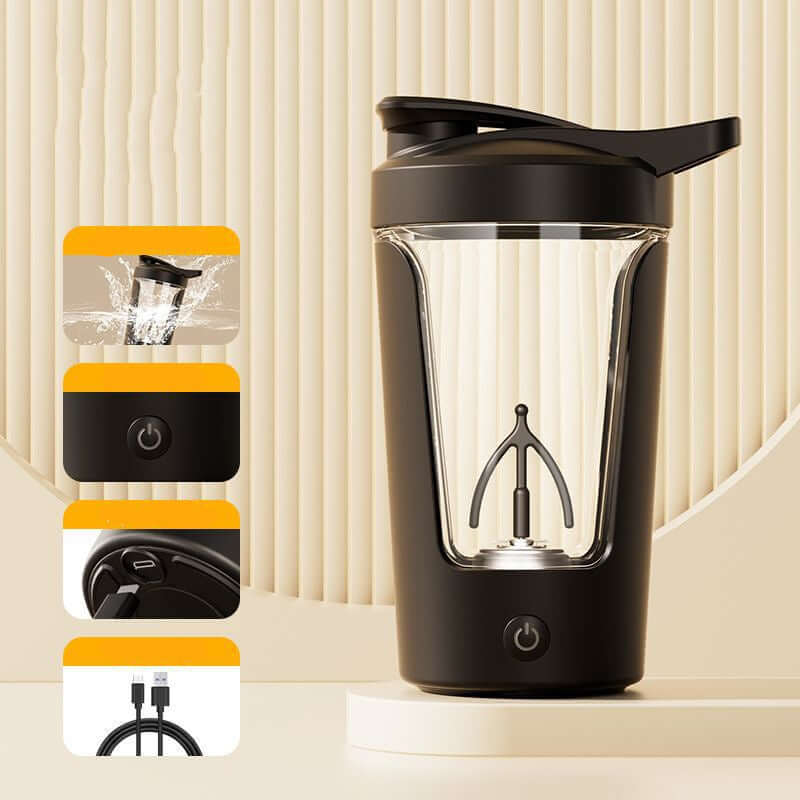 Shopi Vella electric protein shaker bottle in black with USB charging cable and splash proof lid