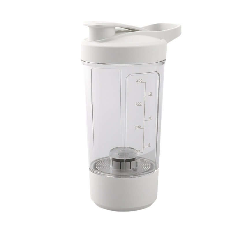 Shopi Vella electric protein shaker bottle with white lid and clear measurement markings