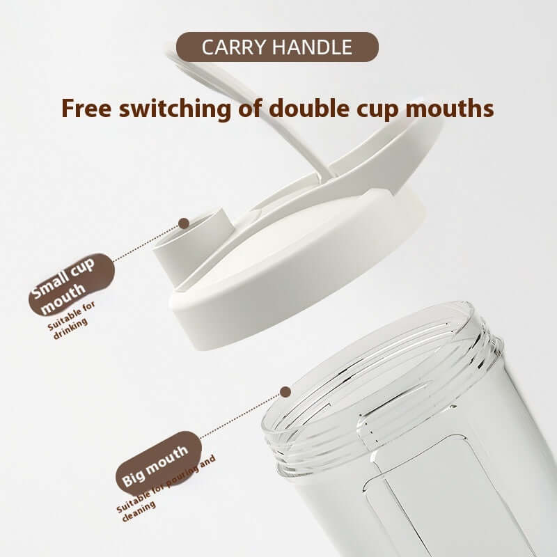 Electric protein shaker bottle with double cup mouths and carry handle for easy switching