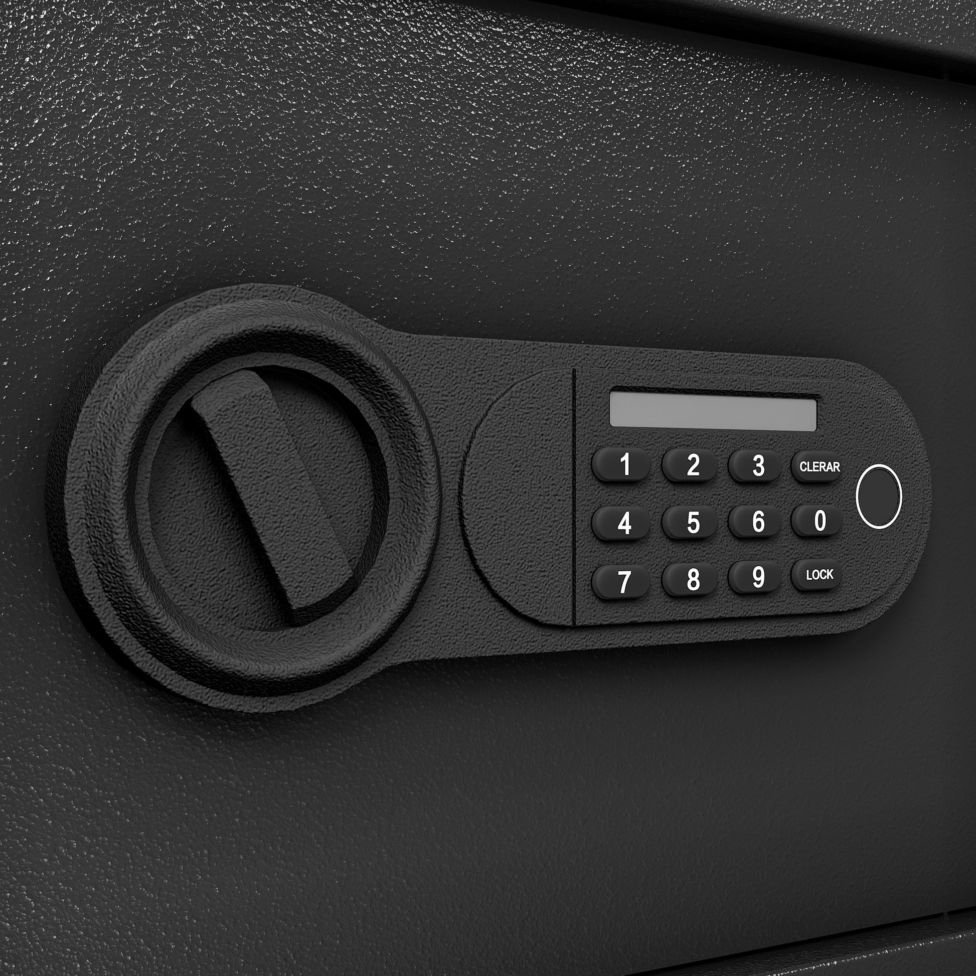 Close-up of electronic keypad security safe box lock with black textured finish