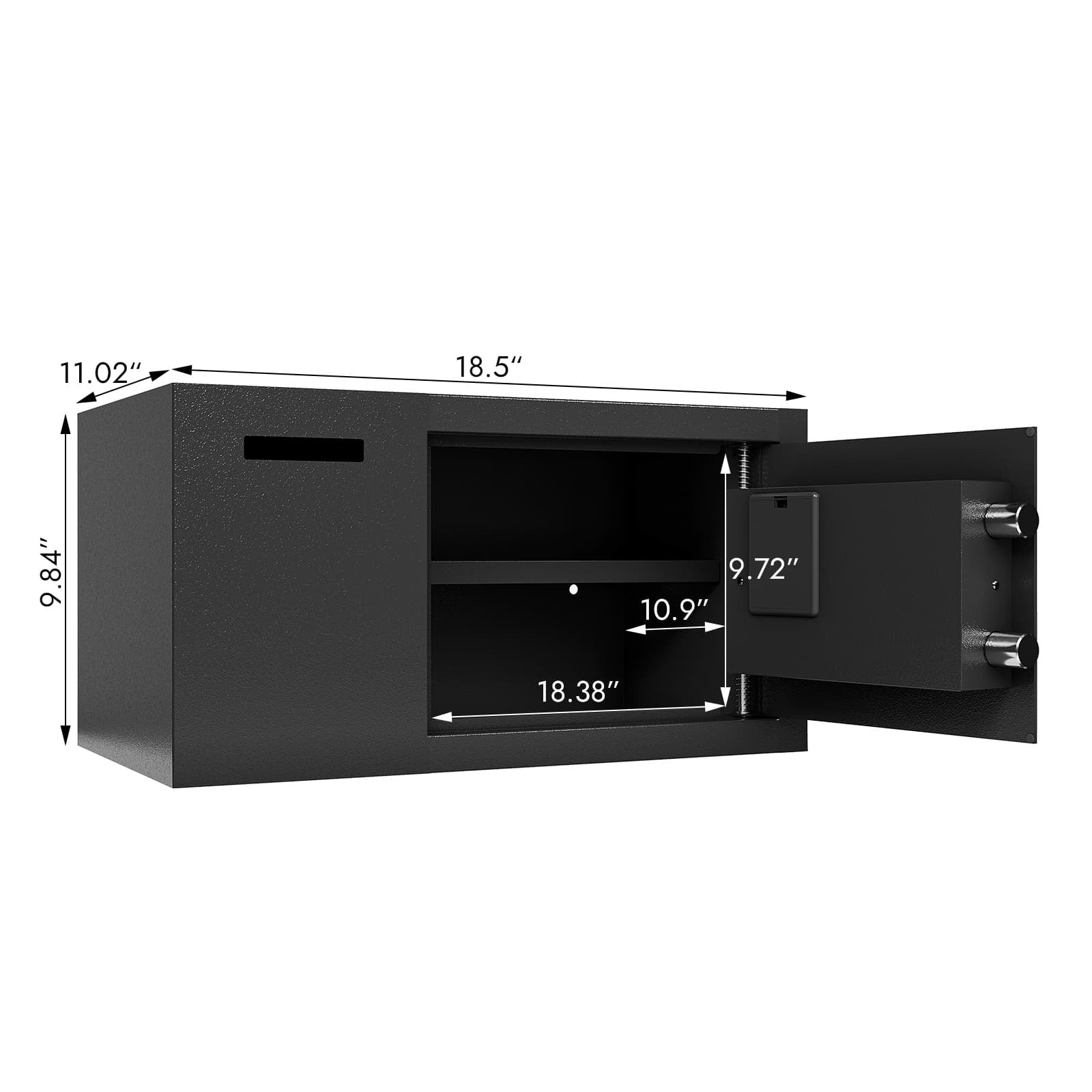 Shopi Vella electronic keypad security safe box with open door and interior shelf showing dimensions