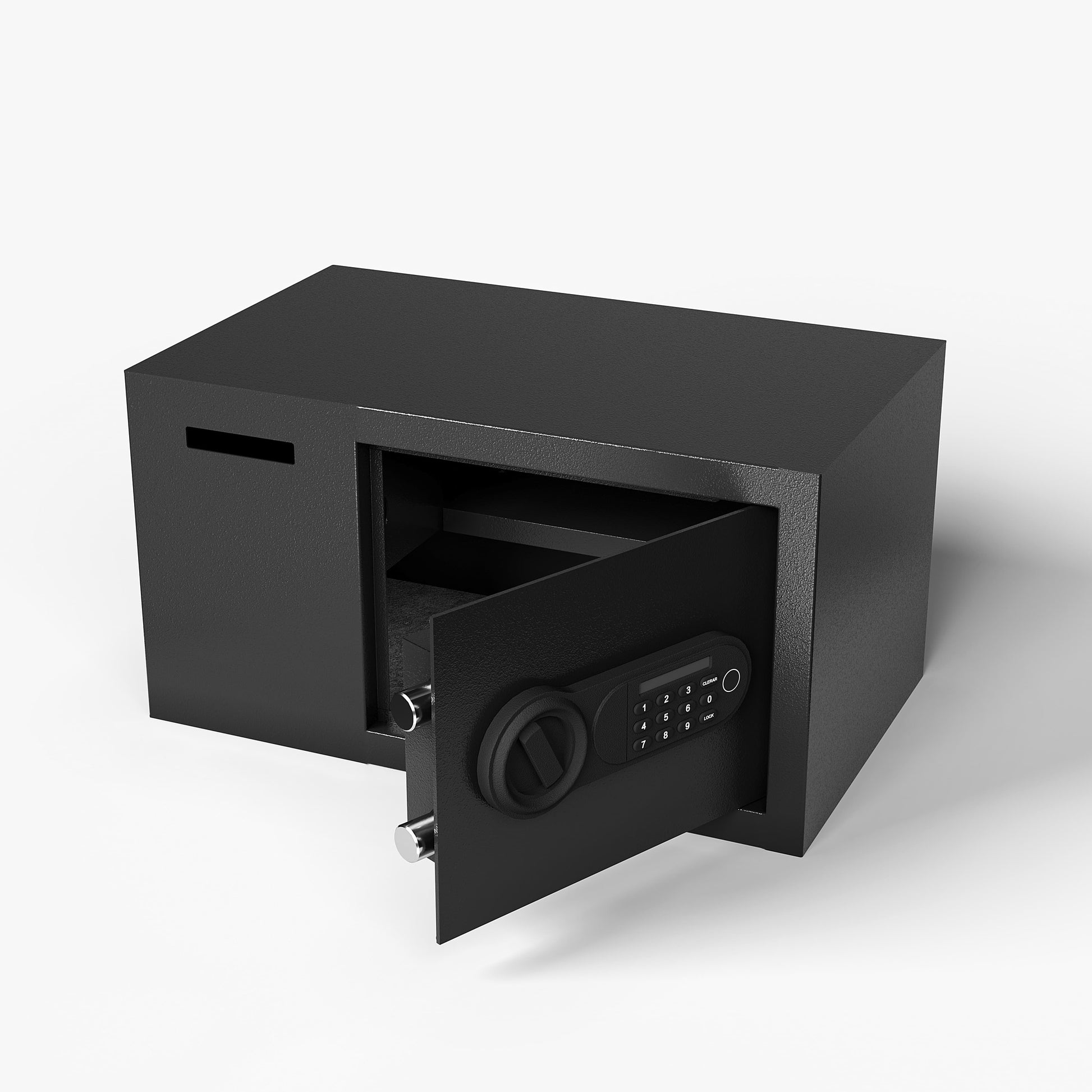 Shopi Vella black electronic keypad security safe box with open door and visible locking bolts