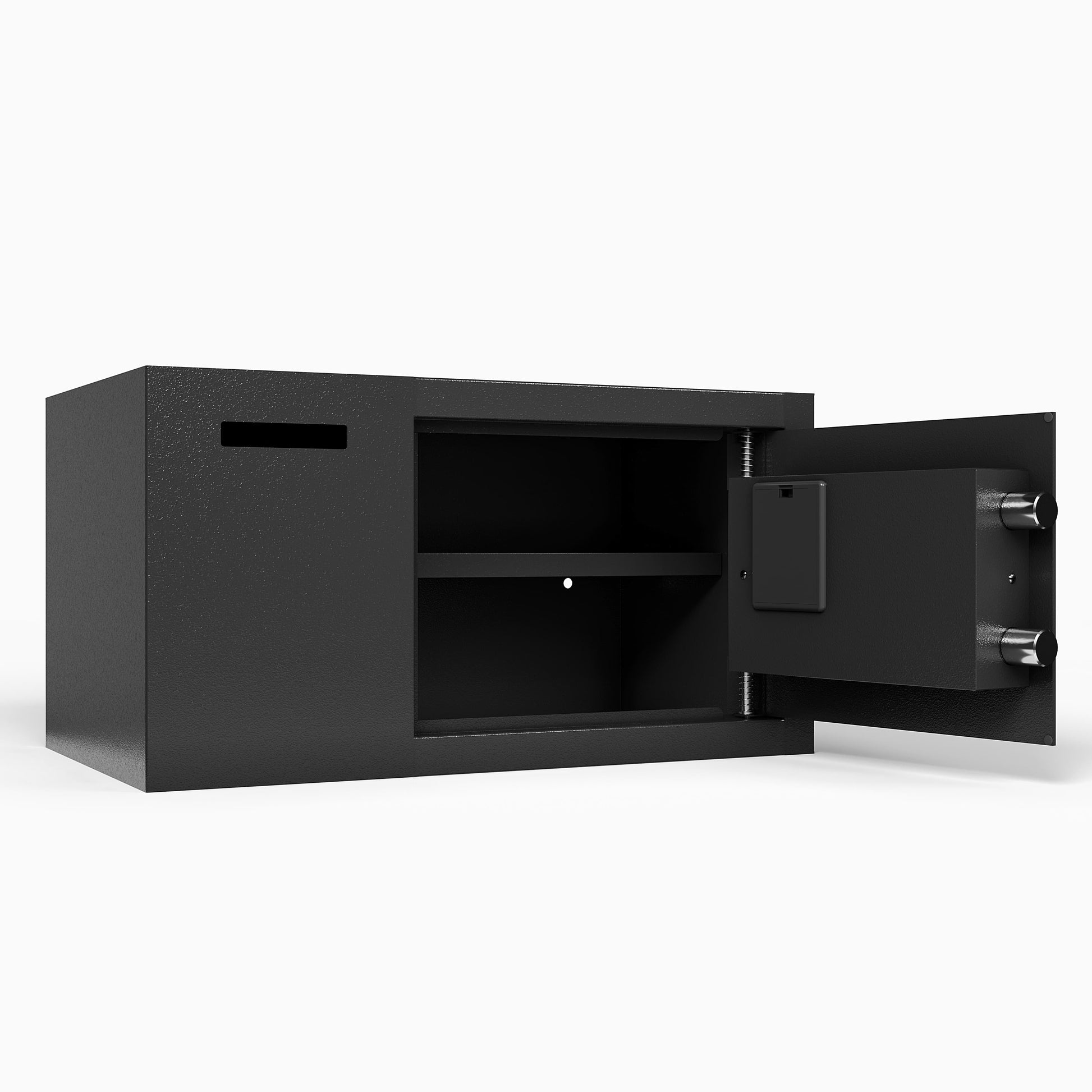 Shopi Vella electronic keypad security safe box in black with open door showing internal storage shelf