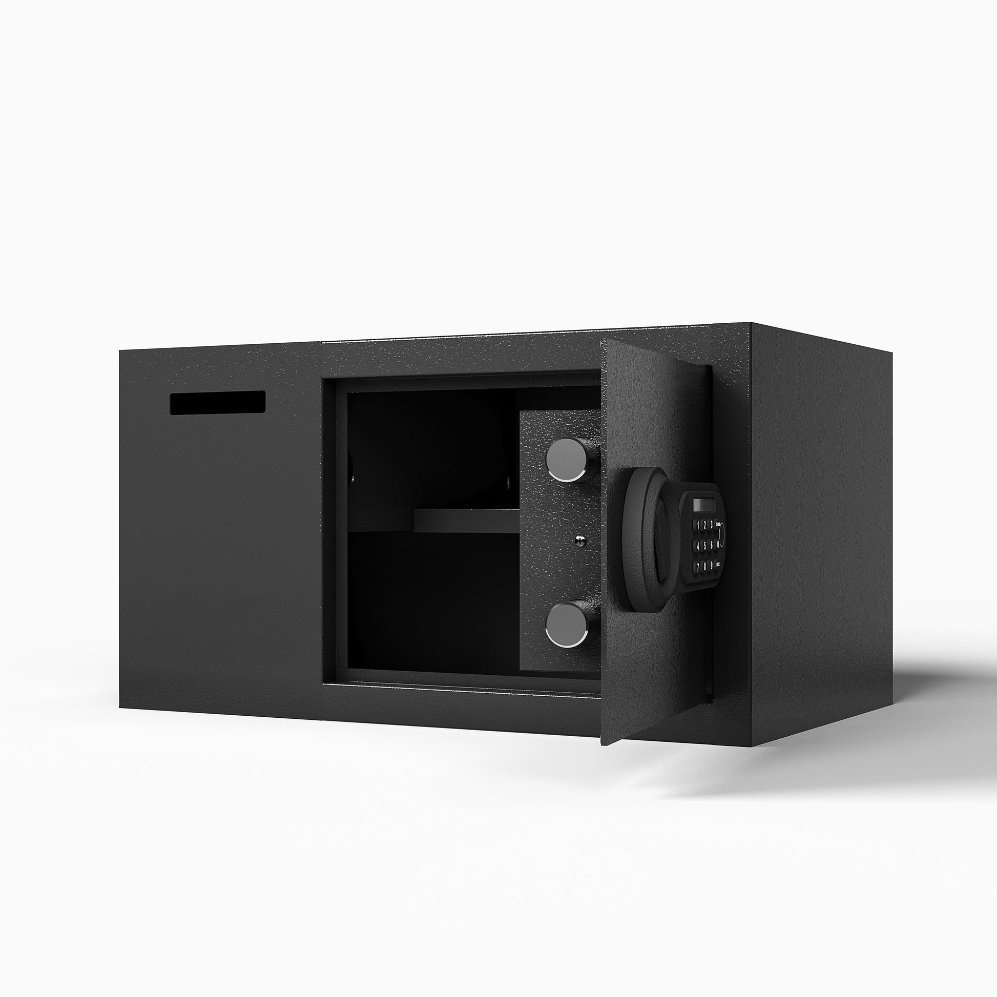 Shopi Vella electronic keypad security safe box in black with open door showing interior storage space