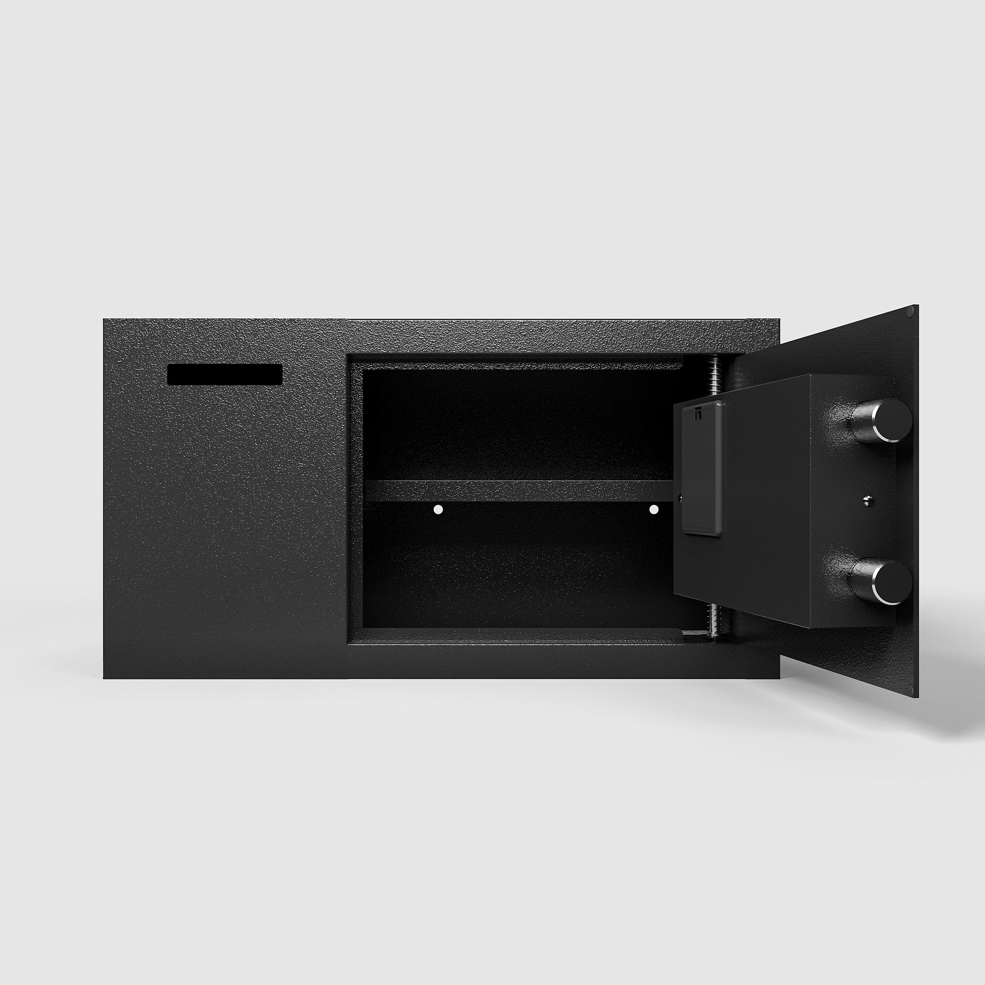 Black electronic keypad security safe box with open door showing two internal shelves