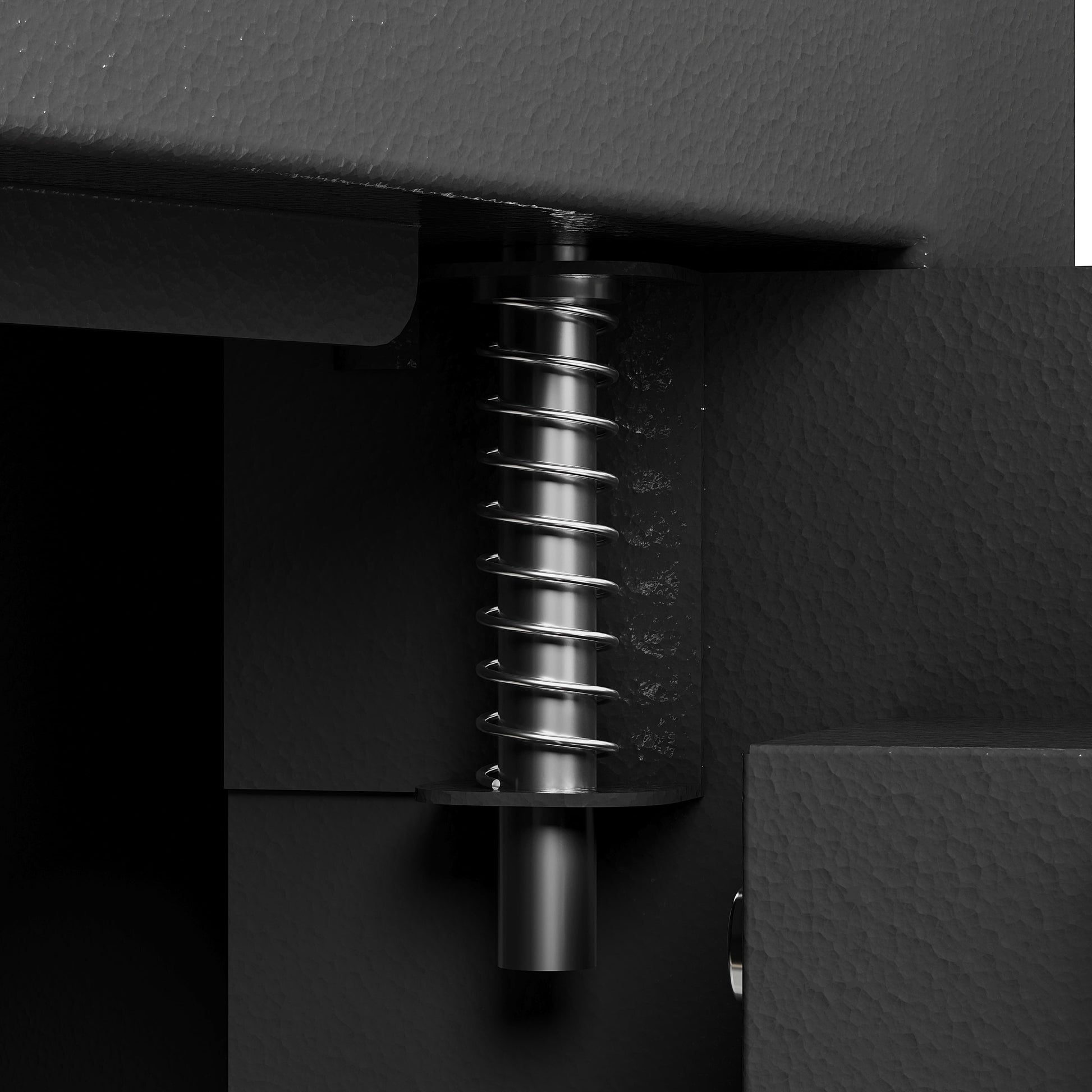 Close-up of black electronic keypad security safe box locking spring mechanism by Shopi Vella
