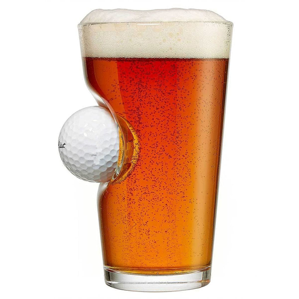 Shopi Vella golf beer mug with a built-in golf ball holder filled with amber beer and foam
