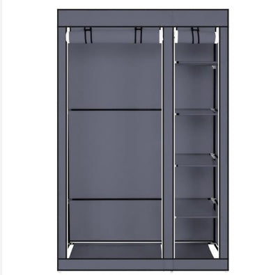 Shopi Vella gray wardrobe with hanging rod and multiple shelves for clothing and storage organization