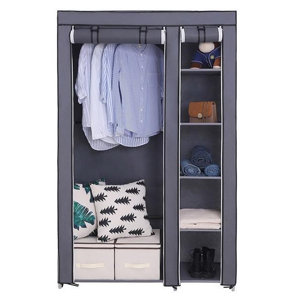 Gray wardrobe with hanging rod featuring clothes, shelves for accessories and storage boxes