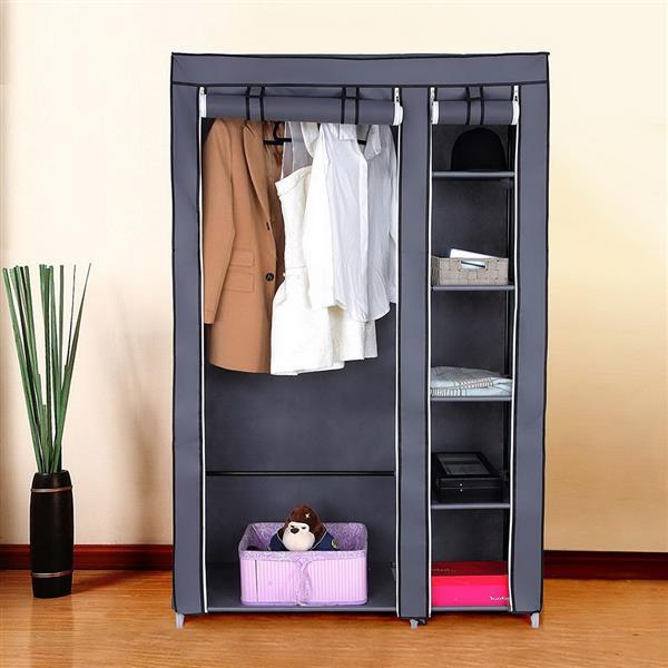 Shopi Vella gray wardrobe with hanging rod and side shelves for clothing and storage organization