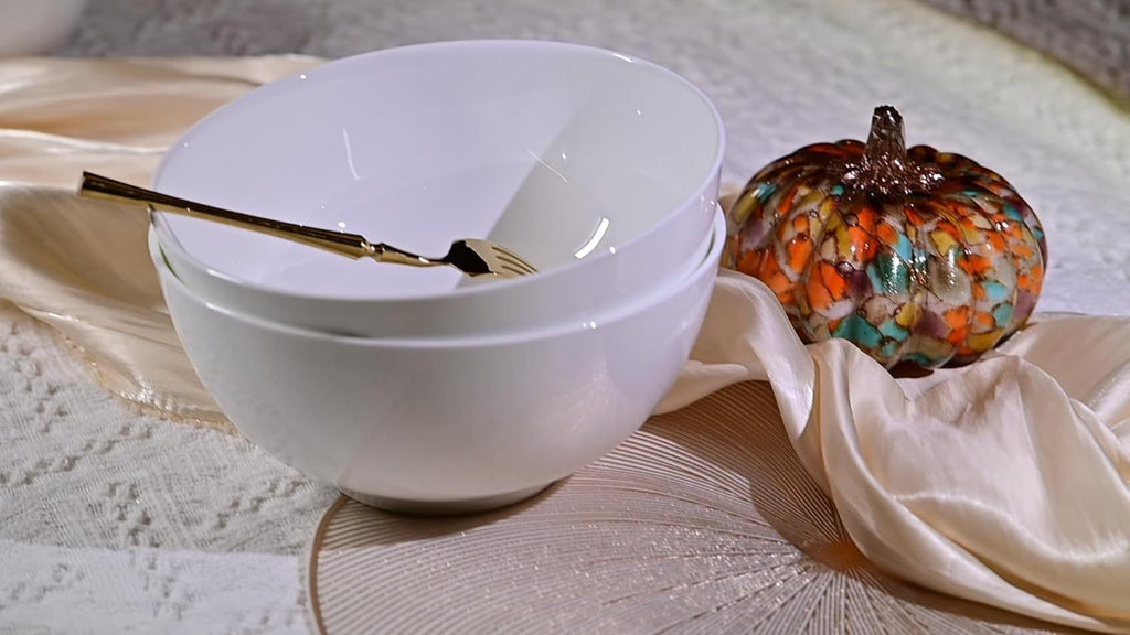 Shopi Vella large deep cereal bowl set in white with a gold fork resting inside one bowl