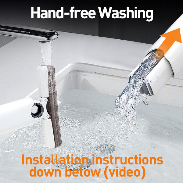 Shopi Vella lazy hand wash-free mop being rinsed hands-free under faucet in sink for easy cleaning