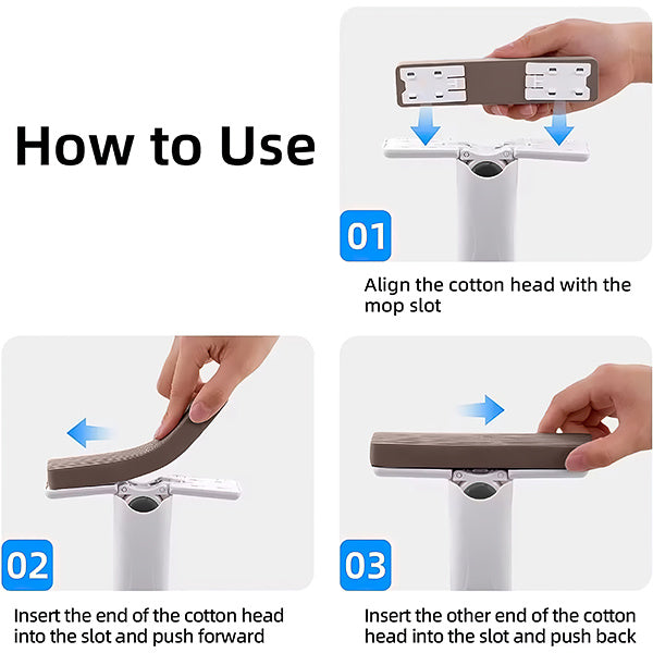 Shopi Vella lazy hand wash-free mop showing step-by-step cotton head attachment for easy use