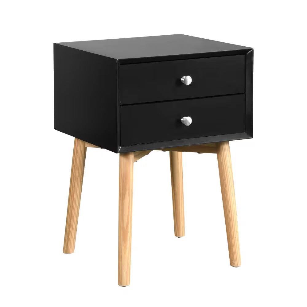Shopi Vella black mid-century modern bedside table with two drawers and wooden legs for bedroom storage